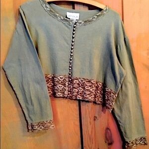 LYDIA JANE Top Vintage Lace Boho Cropped Long Sleeve Cotton Khaki Size Large